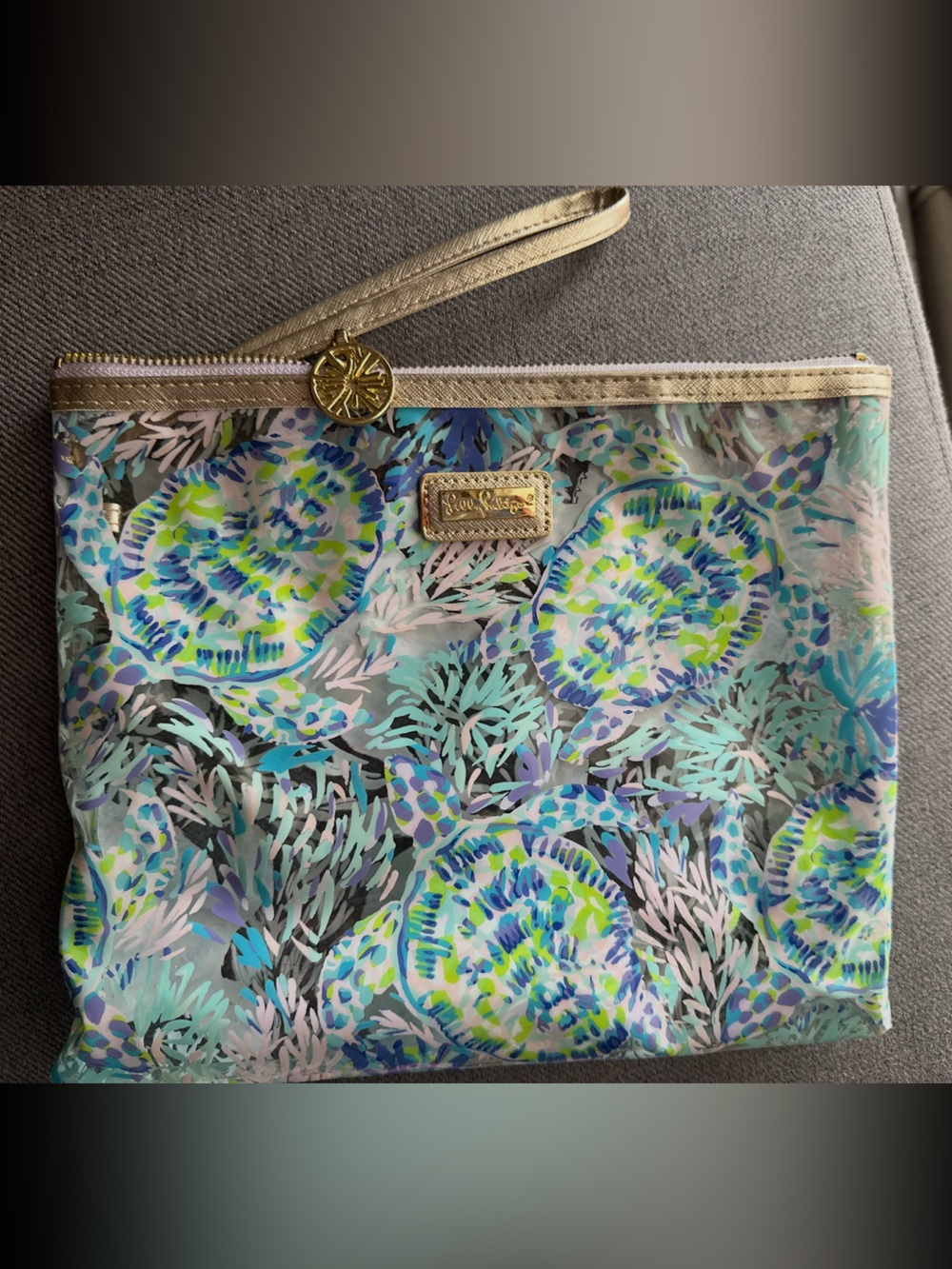 Lily Pulitzer Gold-Trim Floral Wristlet Clutch in Aqua & Gold